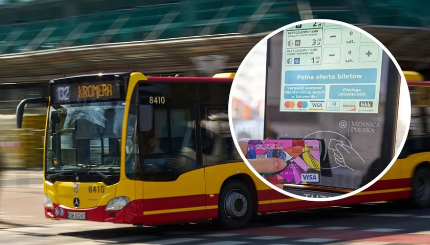 Жовто-червоний вроцлавський автобус з написом 132 Kromer та зчитувач квитків