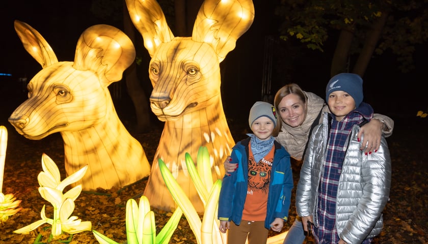 Podświetlone figury zwierząt (likaony) na wystawie Garden of Lights, obok uśmiechnięta kobieta pozuje z dwójką dzieci