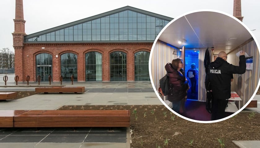 Kolaż dwóch zdjęć. W kółku wnętrze ciężarówki zaaranżowanej na escape room. W tle budynek Centrum Historii Zajezdnia przy ulicy Grabiszyńskiej we Wrocławiu