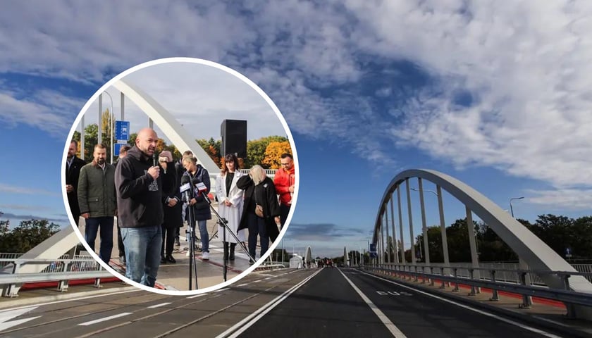 Nowe mosty Chrobrego połączą Sępolno ze Swojczycami, w kółeczku prezydent Wrocławia Jacek Sutryk podczas oficjalnej konferencji dot. otwarcia mostów