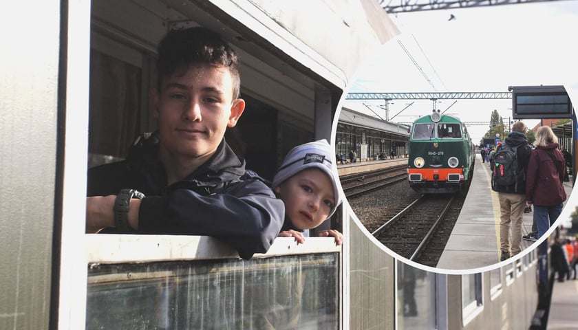 Dwóch chłopców jedzie pociągiem retro z Wrocławia do Oleśnicy