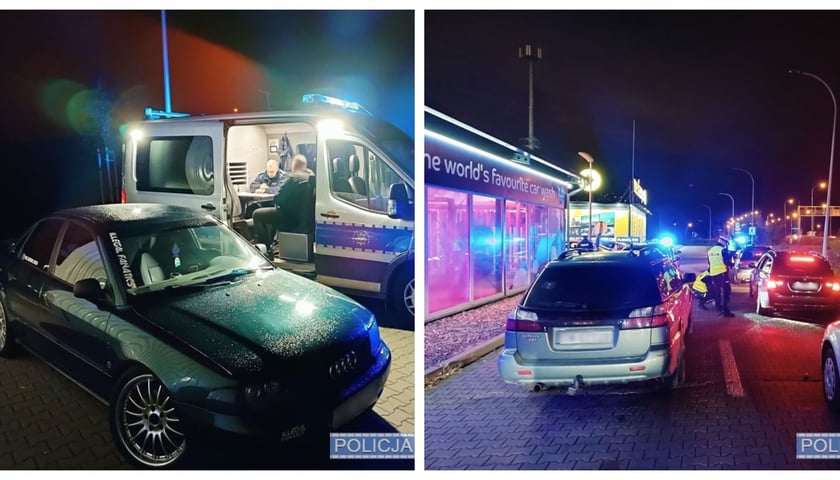 Kolaż dwóch zdjęć - nocne kontrole policyjne w Bielanach Wrocławskich