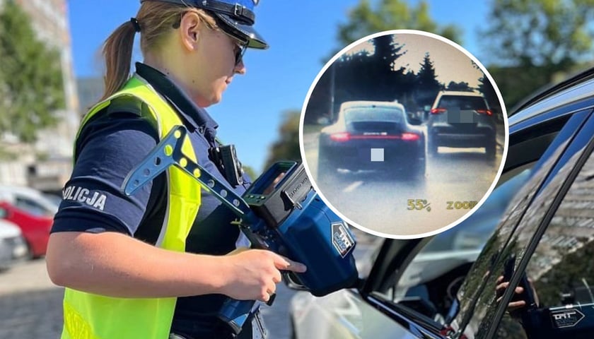 Policjantka drogówki w mundurze podczas kontroli drogowej, w kółku samochód porsche