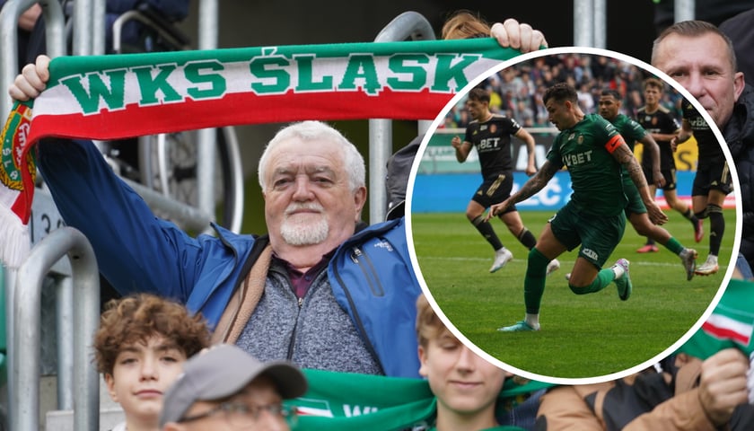 Kibic trzymający szal z napisem WKS Śląsk (zdjęcie główne), biegnący po boisku zawodnik WKS Śląsk (zdjęcie w kółku) 