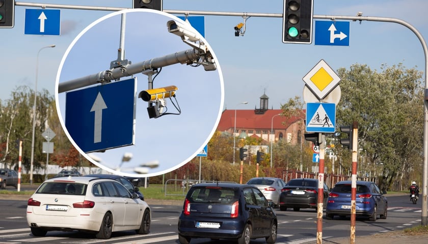 Samochody na skrzyżowaniu ulic Bystrzycka - Na Ostatnim Groszu - estakada Gądowianka i żółte kamery CANARD 