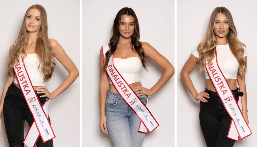 Finalistki konkursu Polska Miss 2023. Od lewej Eliza Ciuła, Patrycja Czarny, Amanda Bialic w białych szarfach z napisem "Finalistka"