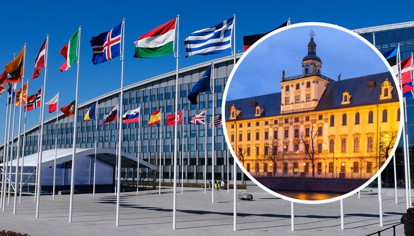 Flagi narodowe członków NATO przed szklanym budynkiem, nową siedzibą organizacji (zdjęcie główne); gmach główny Uniwersytetu Wrocławskiego  (zdjęcie w kółku). Zdjęcie ilustracyjne 