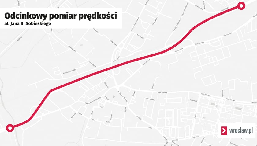 Mapa z zaznaczonym odcinkiem pomiarowym