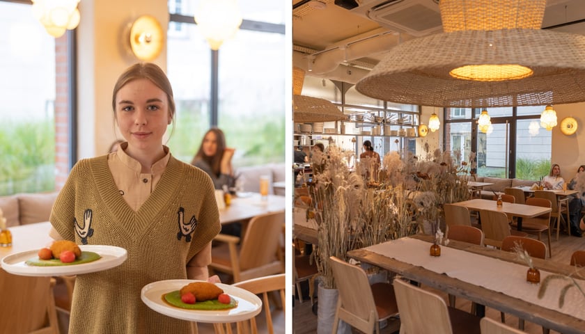 Restauracja Nai. Od lewej: młoda kelnerka z potrawami na dwóch talerzach, wnętrze z wiklinowymi abażurami