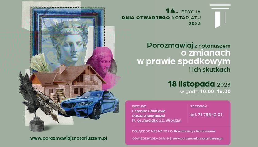Plakat zapowiadający Dni Otwarte Notariatu, 18 listopada, w Pasażu Grunwaldzkim we Wrocławiu