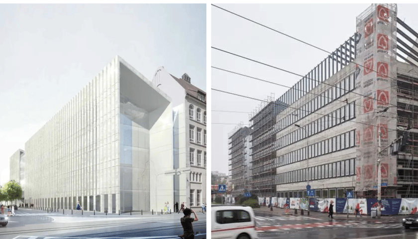 Z lewej wizualizacja nowego budynku, z prawej budynek sądu apelacyjnego w październiku 2023, ulica, samochody