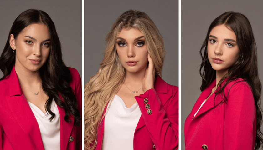 Finalistki Polska Miss z Dolnego Śląska. Od lewej Aleksandra Wachobow, Oliwia Ślósarz i Pola Miara w czerwonych marynarkach i białych bluzkach