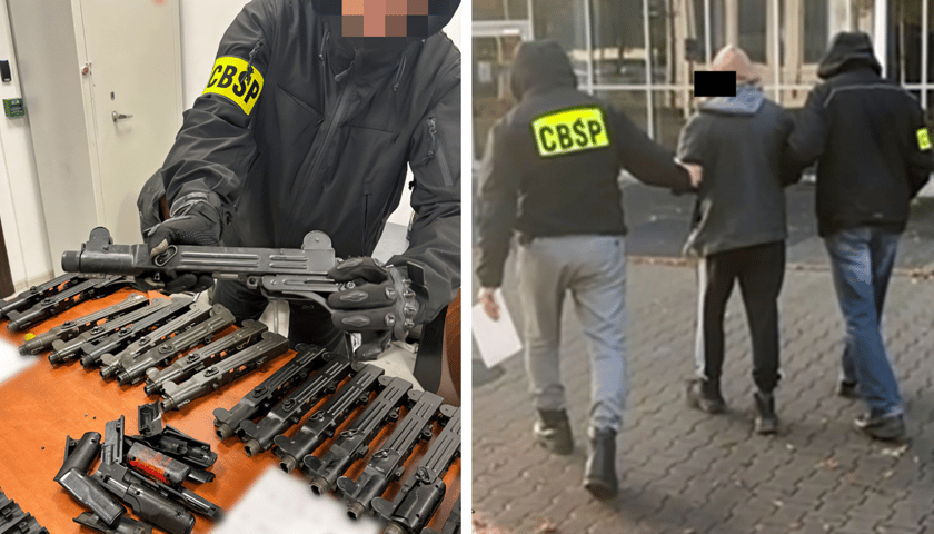 Z lewej zarekwirowana przez policję broń, z prawej zatrzymany mężczyzna oraz dwóch prowadzących go policjantów