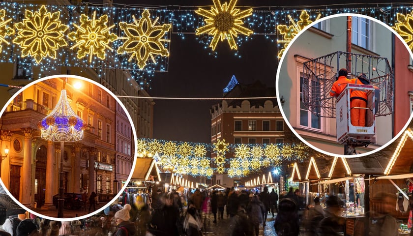Iluminacje świąteczne na ulicach Wrocławia (na zdjęciu w prawym kółeczku montaż iluminacji na pl. Solnym). Na zdjęciu głównym widać świecące ozdoby nad domkami na Jarmarku Bożonarodzeniowym