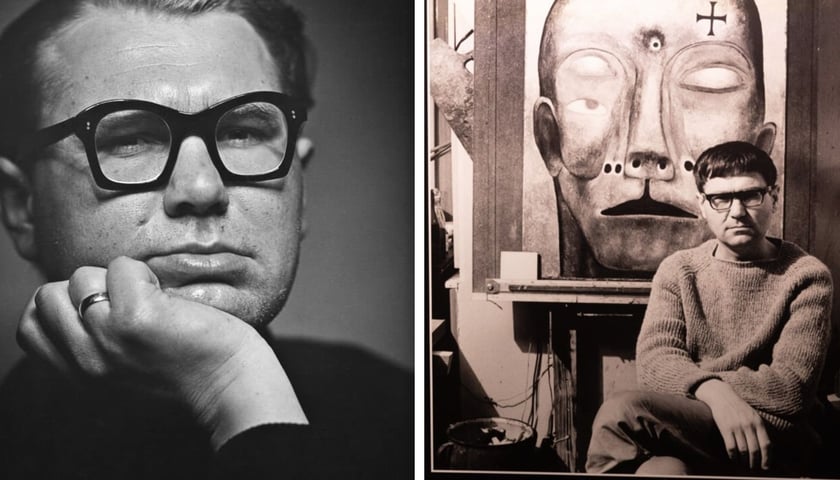 Po lewej: fotograficzny portret Zdzisława Beksińskiego, po prawej: Beksiński przed swoim obrazem (reprodukcja fotografii)