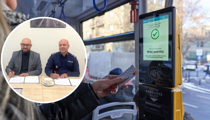 Szefowie MPK Wrocław i wrocławskiej policji podpisują porozumienie o współpracy.