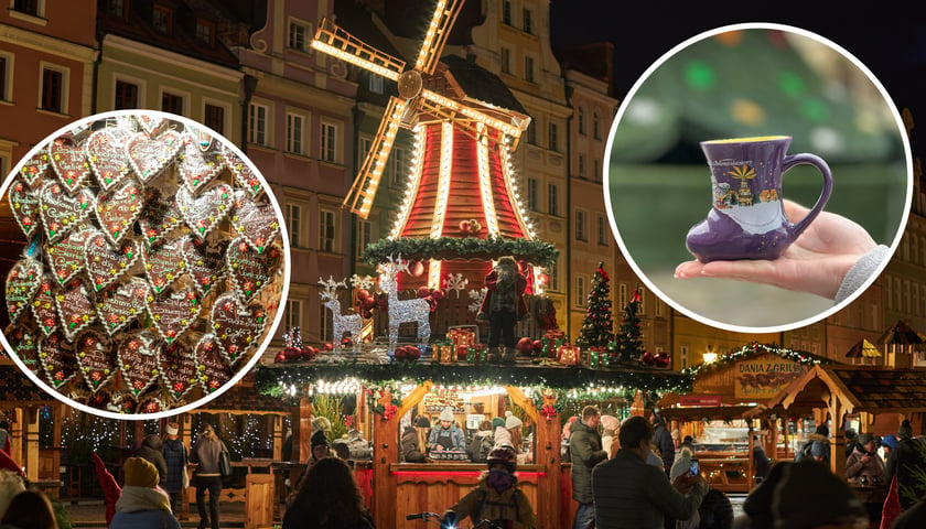 Widok na Jarmark Bożonarodzeniowy w Rynku. W kółeczku po prawej stronie - tegoroczny, fioletowy kubeczek bucik. W kółeczku po lewej - pierniki 