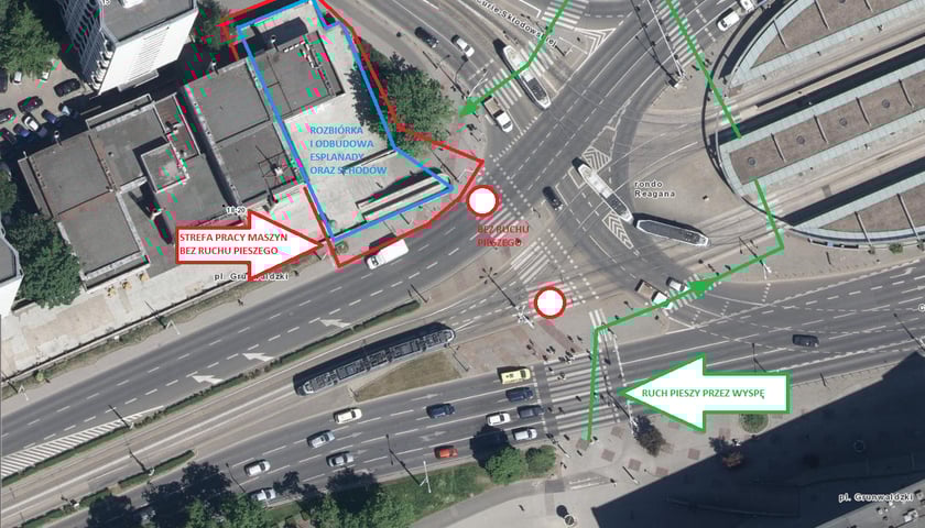 Mapka z organizacją ruchu przy esplanadzie na pl. Grunwaldzkim