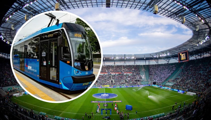 Tramwaj MPK Wrocław na tle wypełnionego po brzegi podczas meczu Śląska stadionu Tarczyński Arena / zdjęcie ilustracyjne
