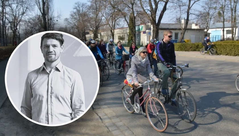 Rowerzyści jadący w peletonie, w kółku - portret Daniela Chojnackiego 