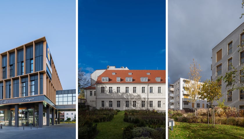 Kolaż trzech zdjęć budynków nagrodzonych w konkursie Piękny Wrocław