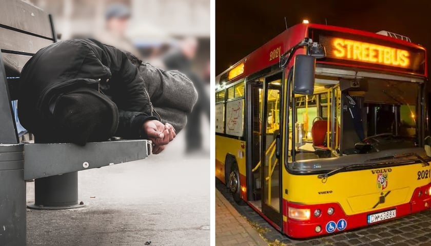 Kolaż 2 zdjęć. Jedno przedstawia osobę w kryzysie bezdomności, drugie Streetbus, w którym można uzyskać pomoc.