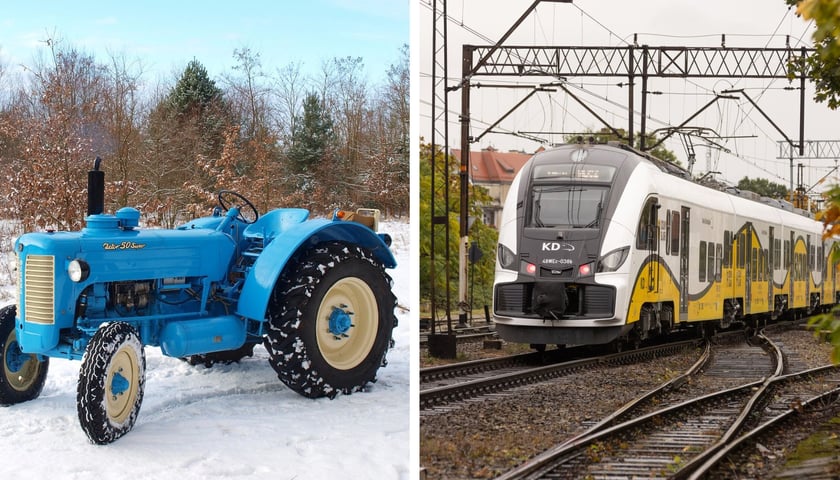 Kolaż dwóch zdjęć: z lewej niebieski traktor na tle śniegu, z prawej szynobus KD. Zdjęcia ilustracyjne