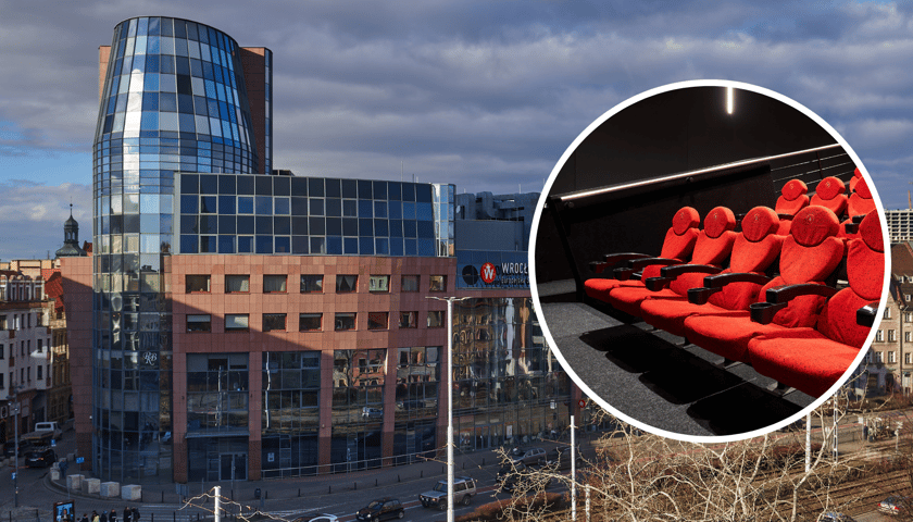 Kino Nowe Horyzonty (zdjęcie główne); czerwone siedzenia w sali kinowej (zdjęcie w kółku)