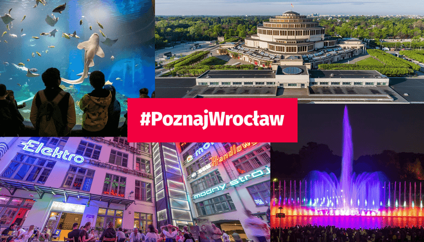 Sprawdź strefy gastro, parkingi oraz zestawienie najciekawszych atrakcji we Wrocławiu! Zobacz, jak spędzić czas w stolicy Dolnego Śląska! Grafika przedstawia atrakcje we Wrocławiu - Afrykarium,  Hala Stulecia, Galeria Neonów, Fontanna Multimedialna.