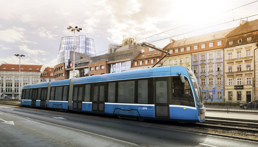 To grafika przedstawiająca nowy tramwaj Pesa we wrocławskich barwach na ul. Kazimierza Wielkiego. Jednak już niedługo, taki widok stanie się codziennością.