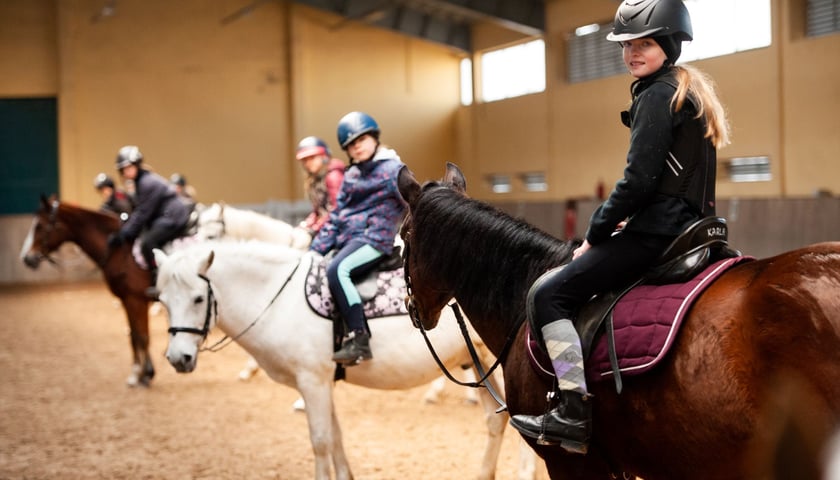 Ferie jeździeckie na Partynicach. Na zdjęciu dziewczynki w wieku szkolnym siedzące na koniach.