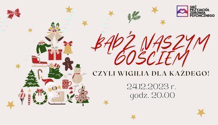 Świąteczna grafika promująca spotkanie online 24.12.23 o godz. 20