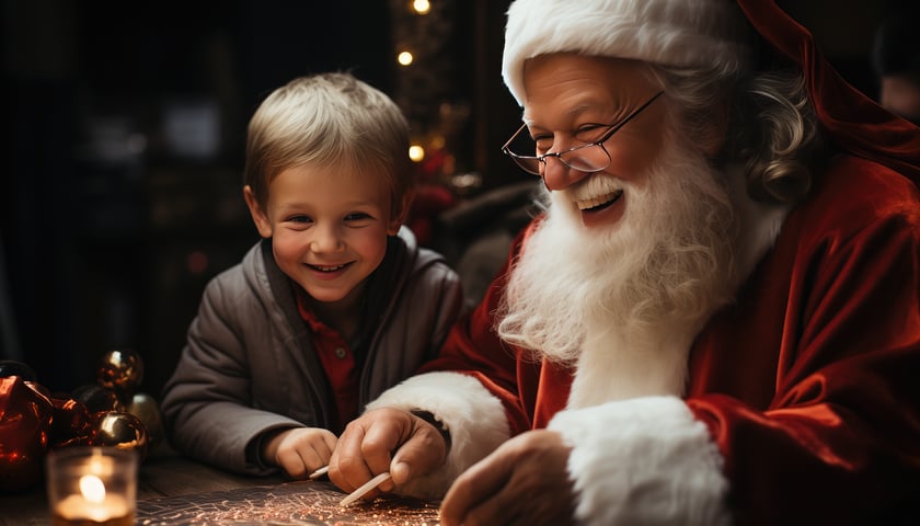 Święty Mikołaj (po prawej stronie zdjęcia) z dzieckiem. Ilustracja z klimatem świątecznym 