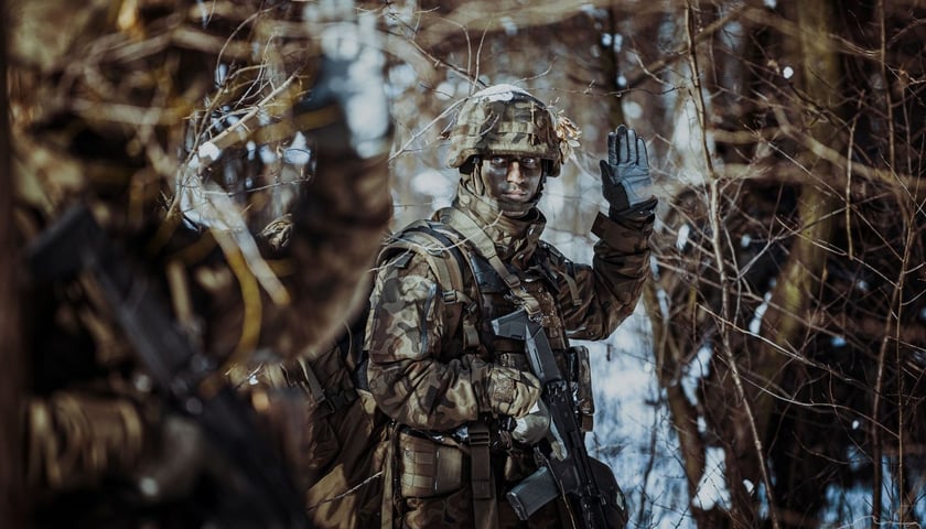 Żołnierz w mundurze polowym w śniegu, w lesie