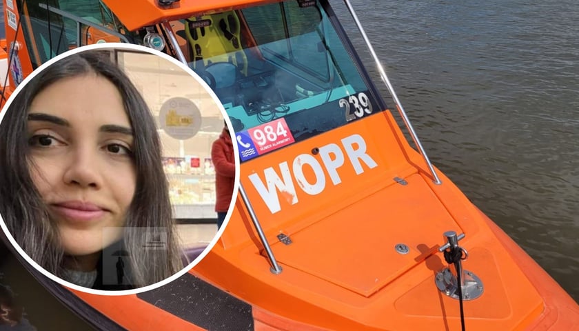 Kolaż zdjęć, na dużym łódź WOPR, na małym poszukiwana Adila Mehdiyeva