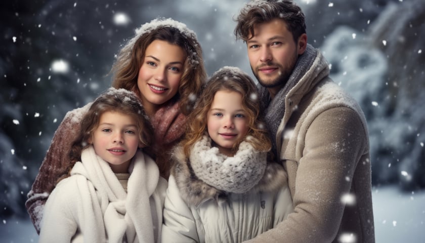 Rodzina (tata, mama i dzieci) w świątecznym, zimowym otoczeniu