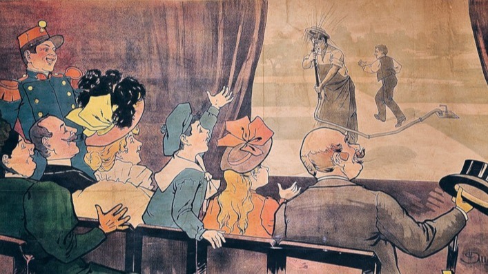 Fragment plakatu z końca XIX wieku, reklamującego pokazy filmowe braci Lumière.