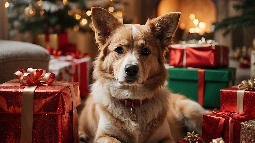 Pies patrzy w obiektyw a wokół niego świąteczne prezenty