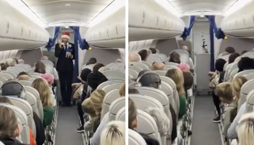 Pan Łukasz i Lotek świątecznie witają pasażerów na pokładzie lotu do Wrocławia