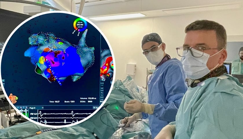 Sala operacyjna: dr n. med. Krzysztof Nowak i dr n. med. Stanisław Tubek w czasie zabiegu (zdjęcie główne); elektroda ablacyjna widoczny na mapie systemu obrazowania elektroanatomicznego (zdjęcie w kółku)