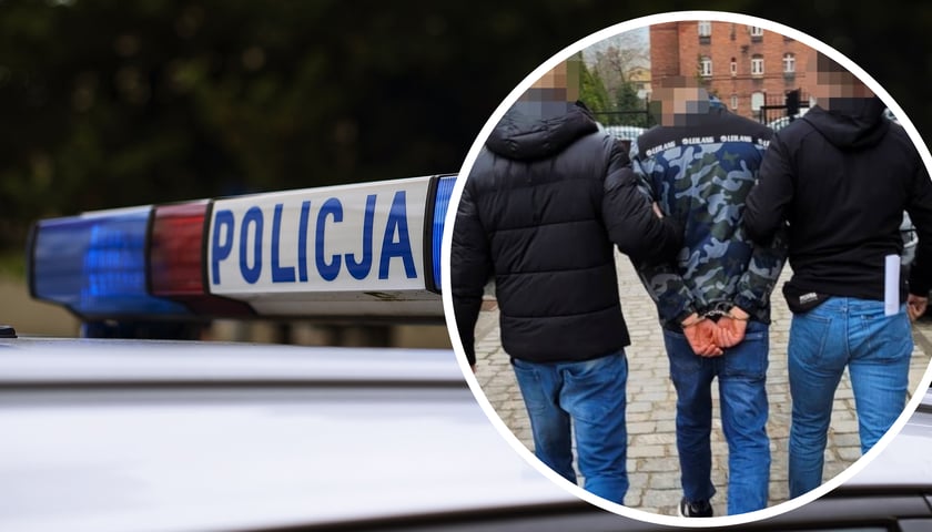 Na tle napisu policja widać zatrzymanego włamywacza, którego prowadzą dwaj policjanci (zdjęcie w kółku) 