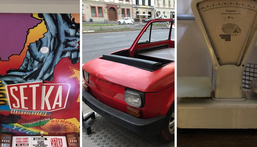 Ilustracje restauracji i barów rodem z PRL (Setka, na środku - maluch- stolik w Setce)