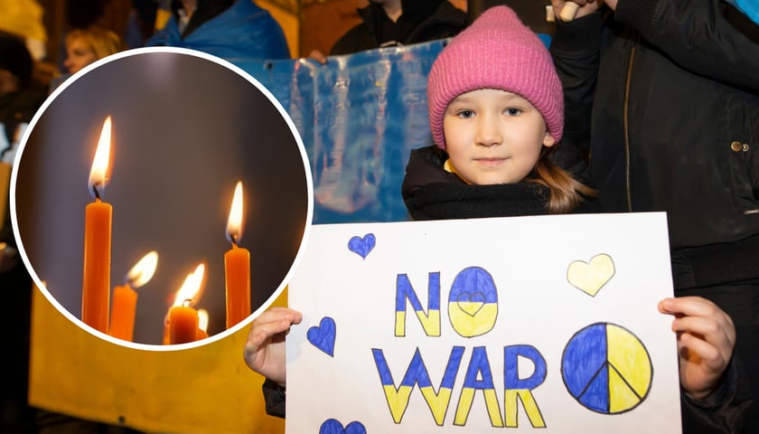 Dziecko trzymające w dłoni transparent z napisem "No war" (manifestacja 24.02.2022) - zdjęcie główne; świece cerkiewne - zdjęcie w kółku. Zdjęcie ilustracyjne.   