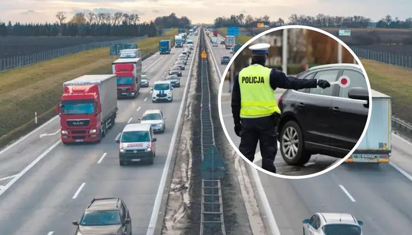 Samochody na autostradzie A4, w kółku policjant
