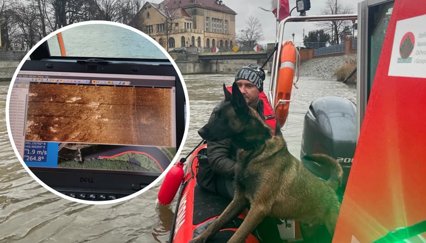 Rzeka, na pierwszym planie pies, który czujnie obserwuje rzekę z motorówki (zdjęcie główne); monitor komputera, na którym widać obraz pod wodą  (zdjęcie w kółku)