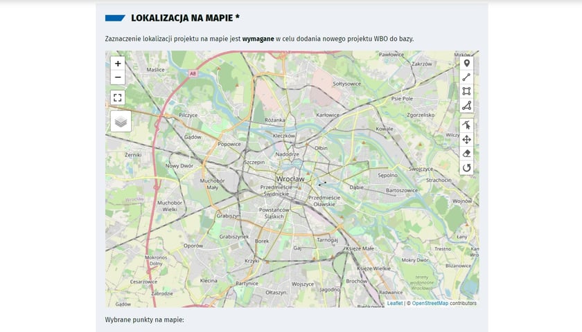 Widok na formularz zgłaszania projektu do WBO 2024 - lokalizacja na mapie