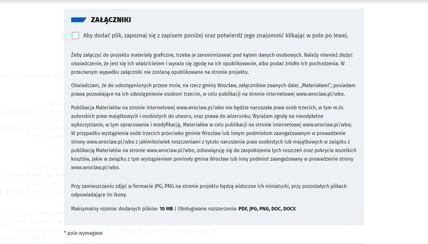 Widok na formularz zgłaszania projektu do WBO 2024 - dodawanie załączników