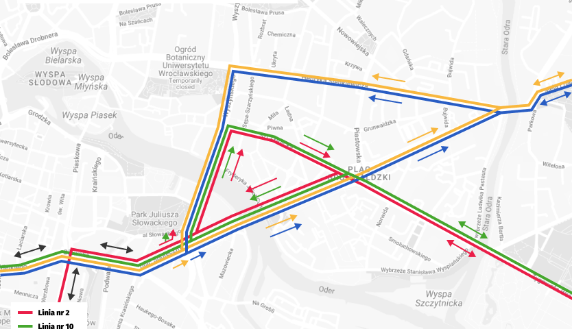 Trasy objazdów tramwajów linii 2, 10, 12 i 13 spowodowanych wymianą zwrotnicy na pl. Grunwaldzkim.