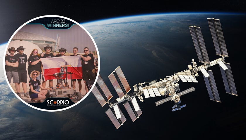 Międzynarodowa Stacja Kosmiczna na tle Ziemi (zdjęcie główne); twórcy Projektu Scorpio z biało-czerwoną flagą Polski (zdjęcie w kółku)