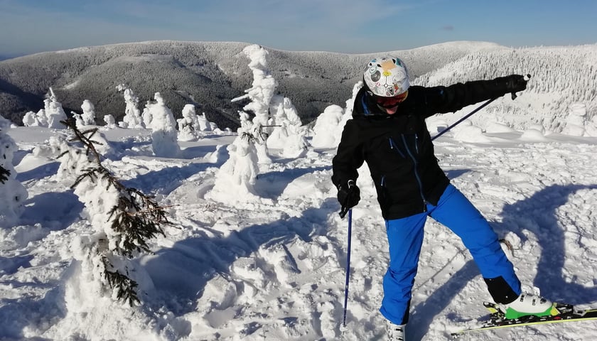 Człowiek na nartach, w tle ośnieżone góry (zdjęcie ilustracyjne)